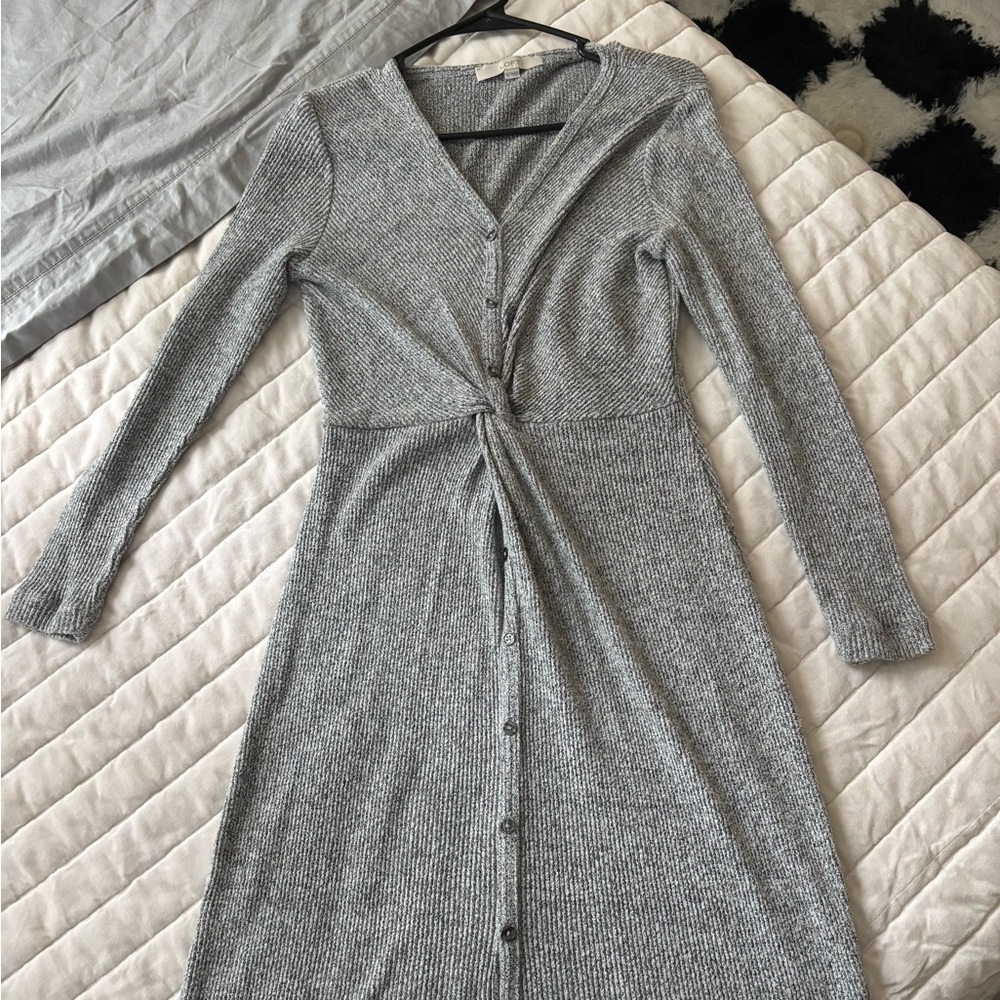 LOFT Gray Twist Front Midi Sweater Dress